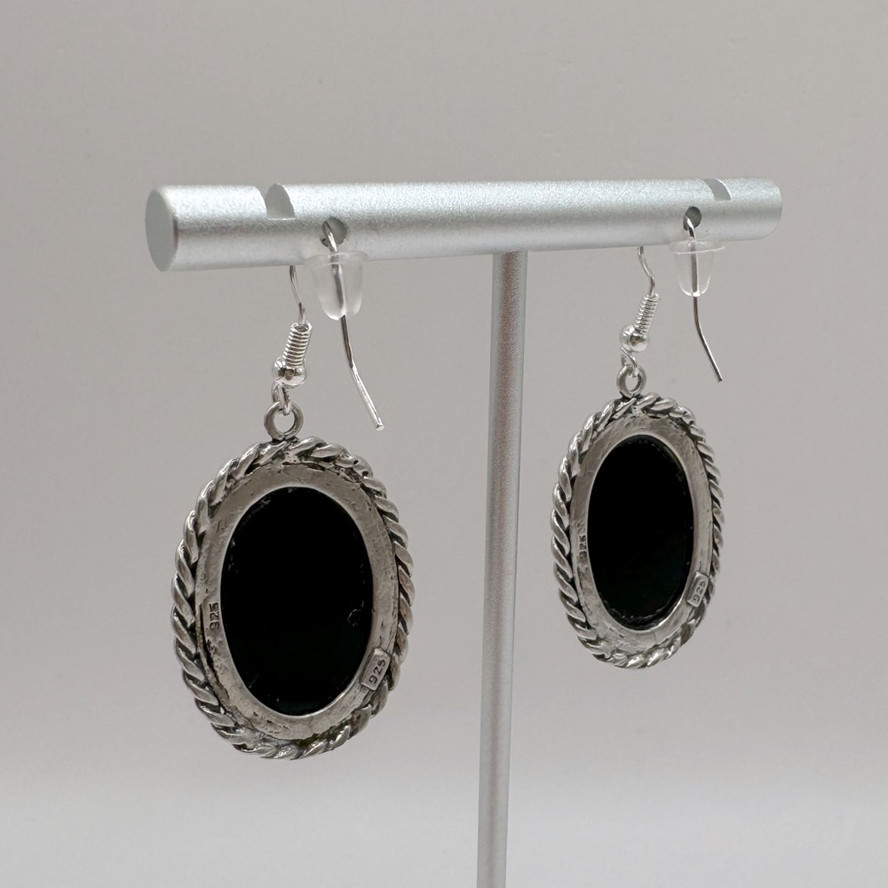 VINTAGE Navajo Oval Onyx & Sterling Silver Dangle Earrings - Picture 5 of 15
